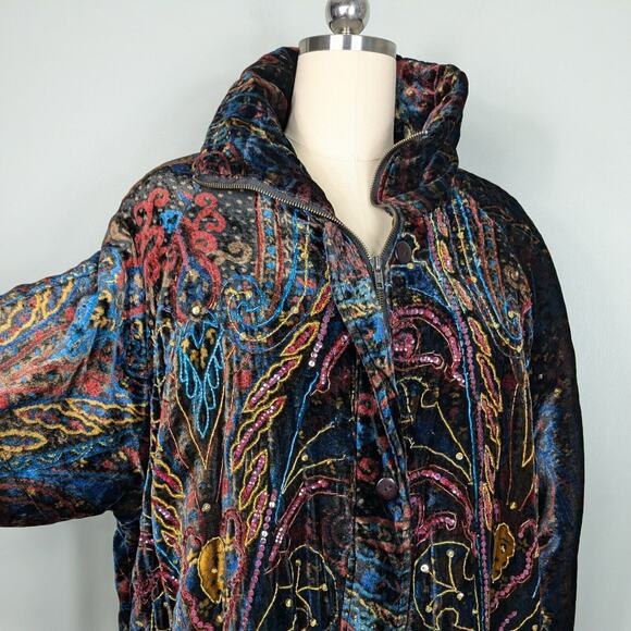 Vintage Velvet Coat Neiman Marcus Paisley Bead Velvet Maximalist Sequin Black XL - Picture 1 of 13